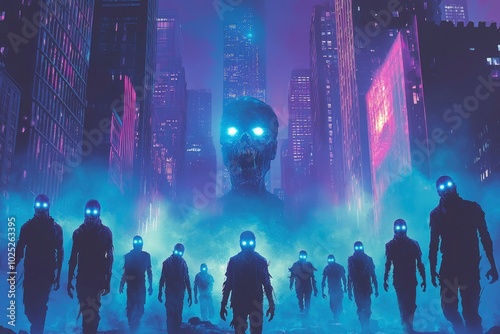 A Group of Glowing-Eyed Figures Advance Through a Foggy Cityscape at Night