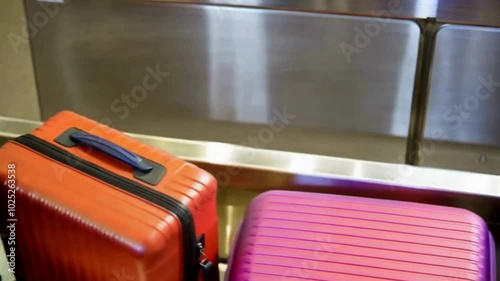 On an airport conveyor belt, suitcases