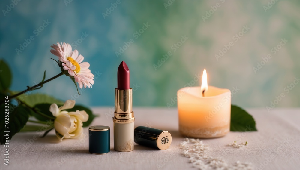 Lipsticks and beauty products arranged with flowers and a candle in a soft setting Lipsticks and beauty products arranged with flowers and a candle in a soft setting