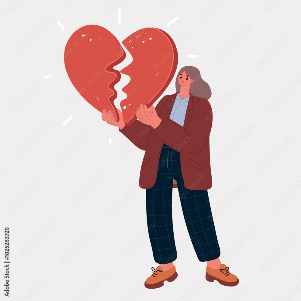 Cartoon vector illustration of a woman holding a broken heart Cartoon vector illustration of a woman holding a broken heart