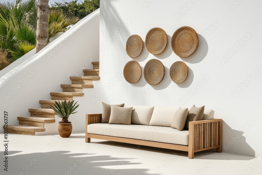 Minimalist Living Room with White Walls, Wooden Staircase, Sofa with Beige Cushions, Potted Plants, and Decorative Plates, Bathed in Natural Light Minimalist Living Room with White Walls, Wooden Staircase, Sofa with Beige Cushions, Potted Plants, and Decorative Plates, Bathed in Natural Light