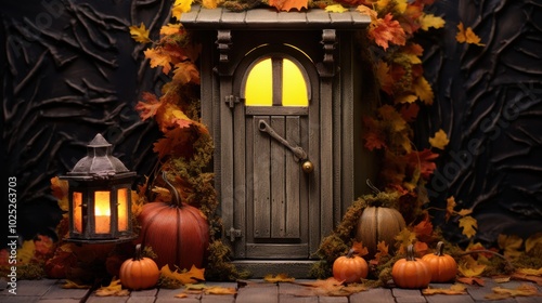 A whimsical wooden door adorned with pumpkins and lantern light, framed by autumn leaves, adds enchantment and mystery. photo