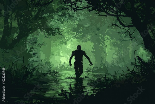 A Silhouetted Figure Walks Through a Foggy Forest