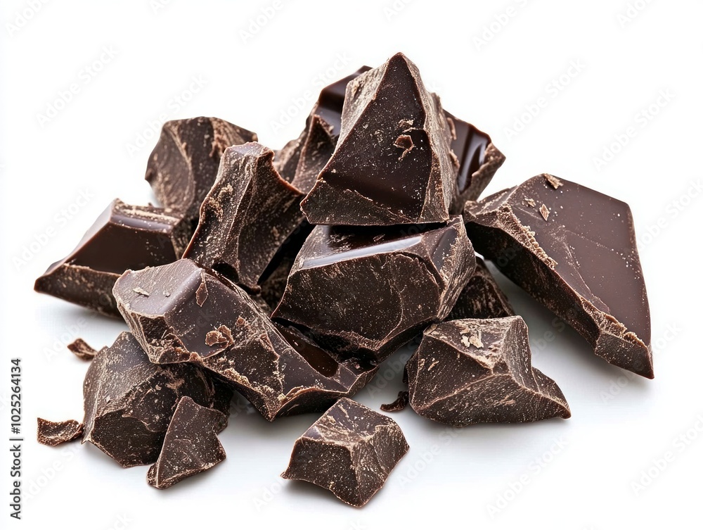 Dark chocolate chunks isolated on white background.