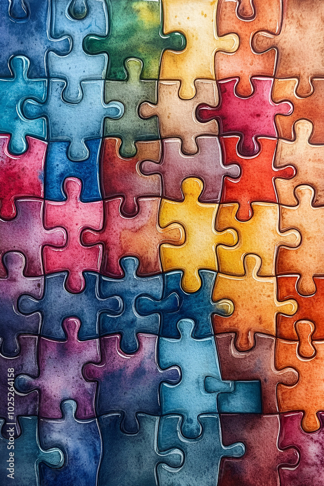 A colorful jigsaw puzzle with many pieces. The puzzle is made up of different colors and shapes, creating a vibrant and dynamic image. The idea behind this image is to showcase the beauty