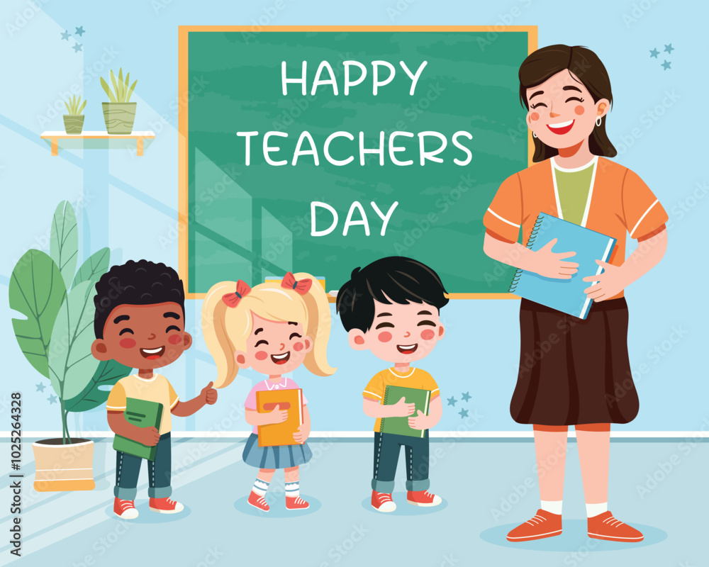 Smiling international student and teacher standing in front of blackboard in classroom. Back to school concept. Vector illustration in flat cartoon style Smiling international student and teacher standing in front of blackboard in classroom. Back to school concept. Vector illustration in flat cartoon style