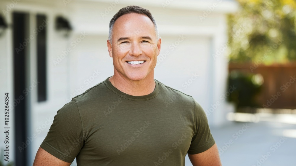 Smiling middle aged man wearing a military green T-shirt in cottage garden. Army veteran portrait Smiling middle aged man wearing a military green T-shirt in cottage garden. Army veteran portrait