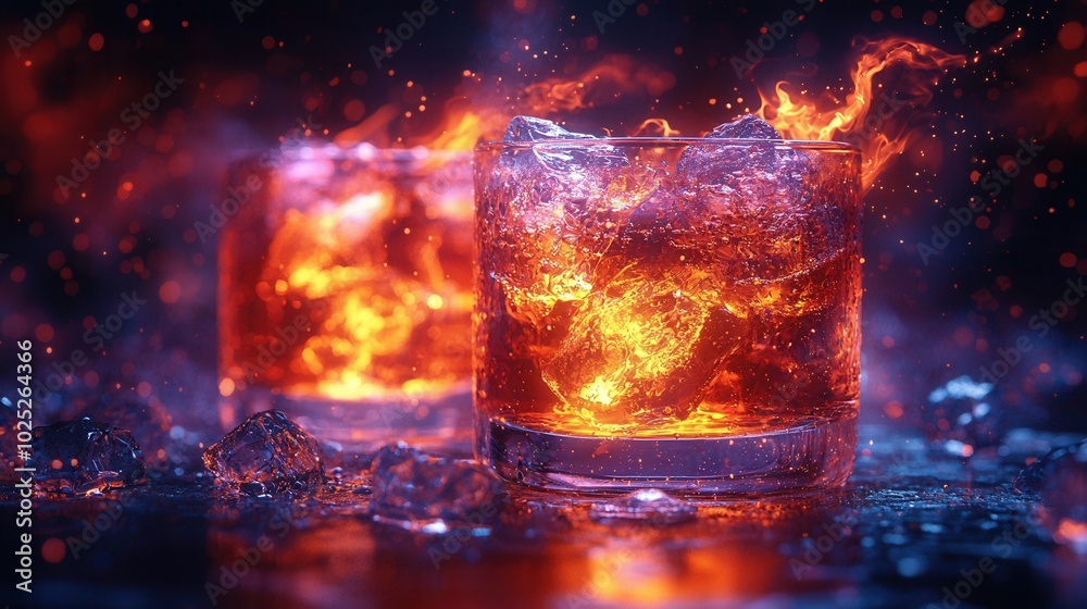 An artistic close-up of a whiskey drink with glowing ice cubes, surrounded by colorful splashes and a dark, vibrant background. An artistic close-up of a whiskey drink with glowing ice cubes, surrounded by colorful splashes and a dark, vibrant background.