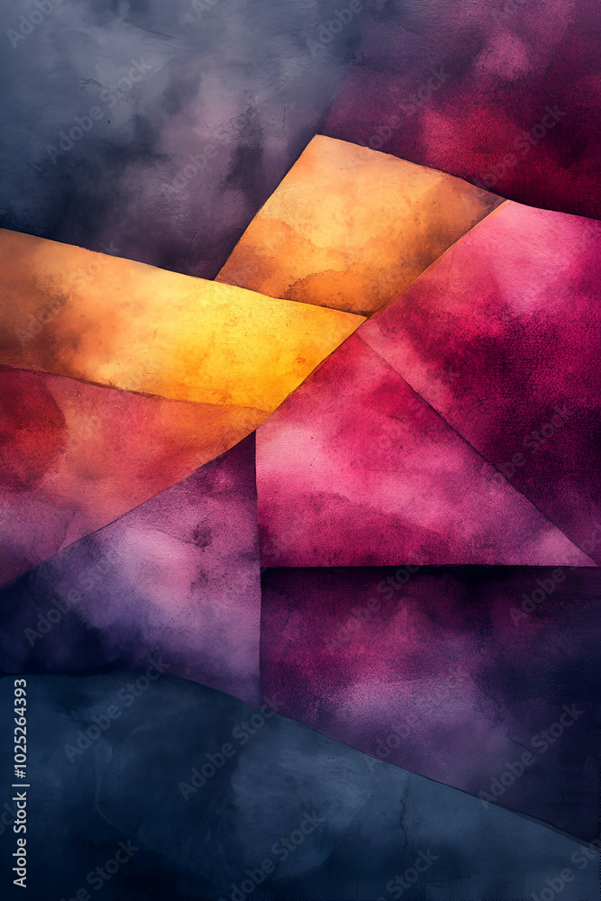A painting of a mountain range with a yellow line in the middle. The painting is abstract and colorful