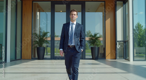 Confident businessman walking through modern office entrance with stylish suit and relaxed demeanor 