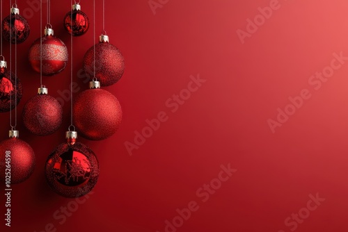 Elegant hanging red baubles on a rich red background for festive holiday décor and Christmas themes photo