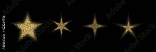 Dotted grain golden stars. Halftone gold gradient sparkles, gold dust in star shape. Stippled flares vector set. Christmas or New year design elements