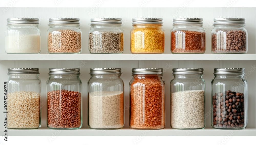 A Photo of the Interior Wall of an Eco-Friendly Kitchen, with Shelves Filled with Glass Jars and Bottles Containing Various Grains, Beans, Nuts, Dried Fruits, Powdered Milk, and Other Pantry Items A Photo of the Interior Wall of an Eco-Friendly Kitchen, with Shelves Filled with Glass Jars and Bottles Containing Various Grains, Beans, Nuts, Dried Fruits, Powdered Milk, and Other Pantry Items