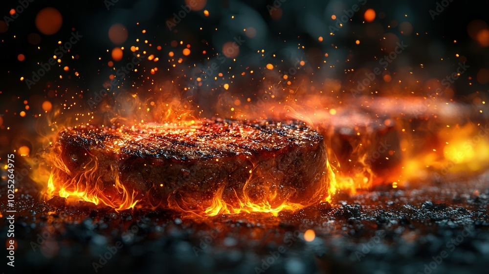 A sizzling steak is grilled over an open flame, with sparks and smoke creating a captivating effect in a dark background. A sizzling steak is grilled over an open flame, with sparks and smoke creating a captivating effect in a dark background.