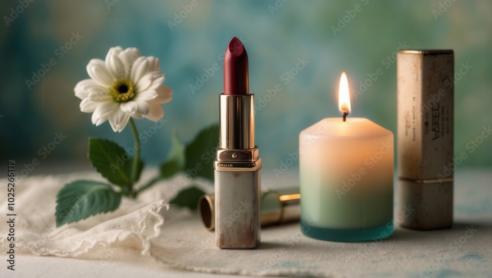 Red lipstick and candle with cosmetic items in a warm, serene setting, floral elements Red lipstick and candle with cosmetic items in a warm, serene setting, floral elements