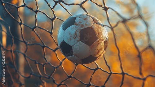 Soccer ball caught in the goal net, action moment. 