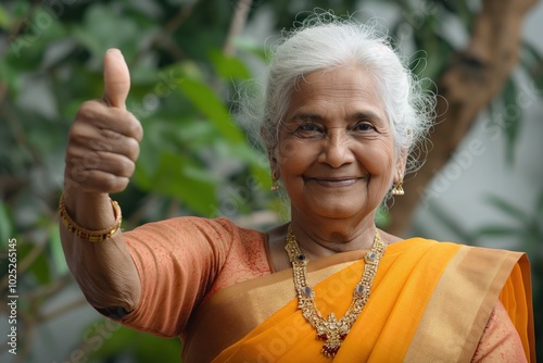 Indian woman with white hair gives thumbs-up gesture wearing vibrant yellow saree and gold necklace in serene natural setting. Lush green plant and gray wall background. Happy mature lady.