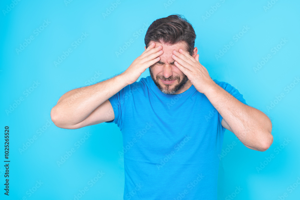 Man suffering from headache. Tired, headache and eye strain. Man with stress, burnout and fatigue eyestrain. Vision problem bad sight. Headache pain and migraine. Man with headache hold hands on head. Man suffering from headache. Tired, headache and eye strain. Man with stress, burnout and fatigue eyestrain. Vision problem bad sight. Headache pain and migraine. Man with headache hold hands on head.