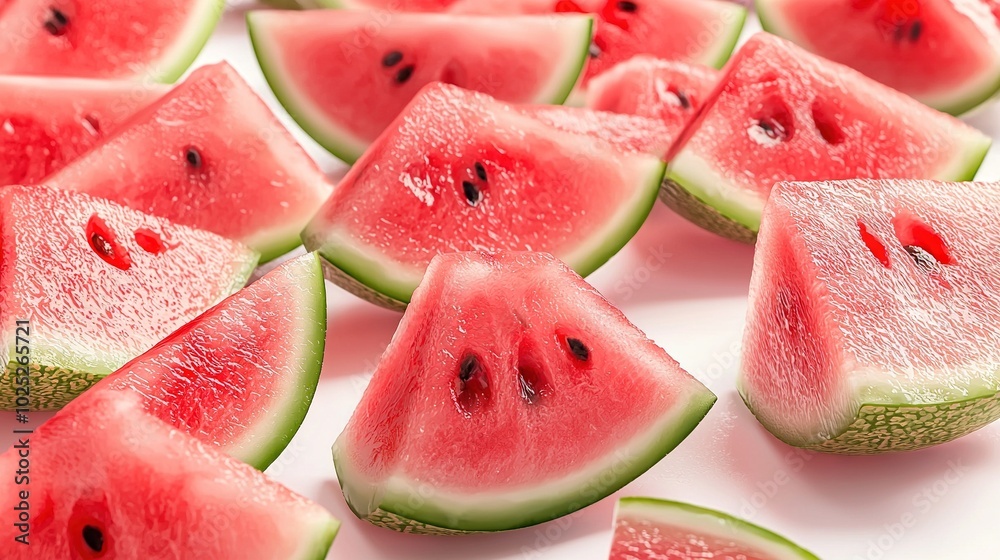 A photo captures several chunks of juicy watermelon resting on a pure white counter surface, alongside a piece of watermelon with a nibbled-off section A photo captures several chunks of juicy watermelon resting on a pure white counter surface, alongside a piece of watermelon with a nibbled-off section