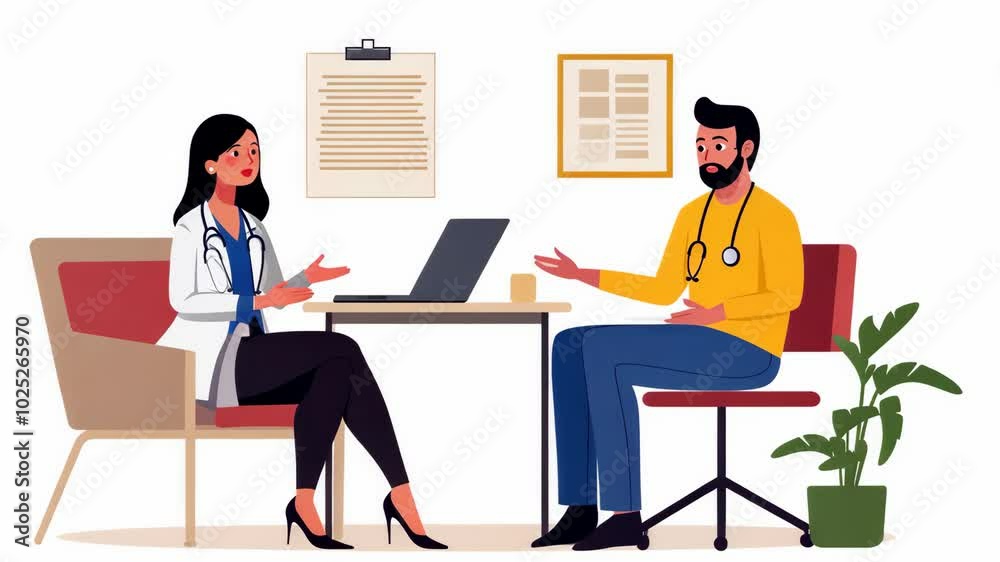A female doctor is talking to a male patient in an office A female doctor is talking to a male patient in an office