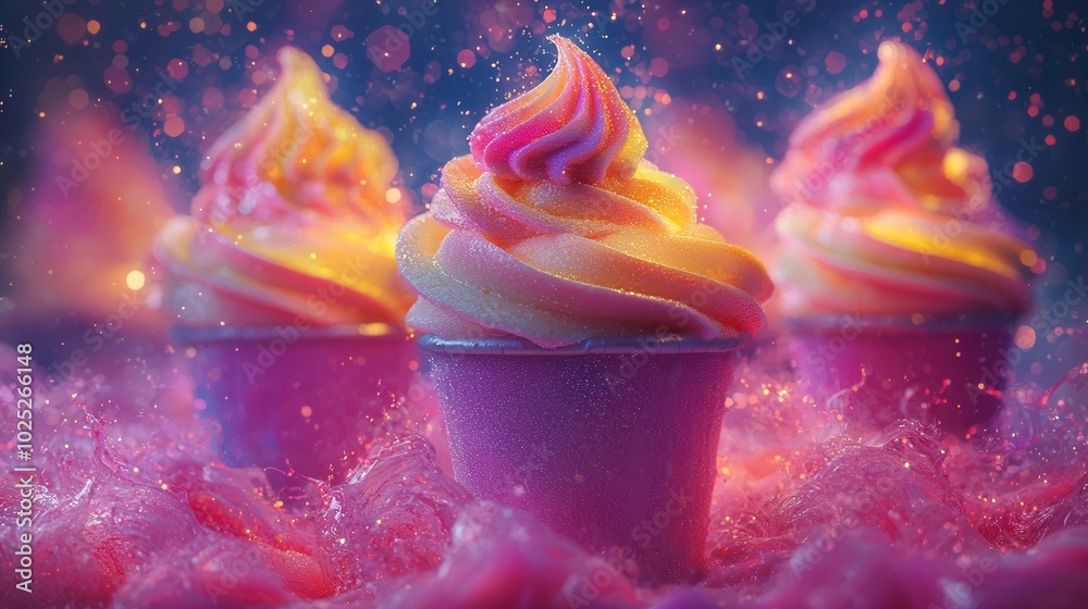Three colorful cupcakes with vibrant swirls of pink and yellow frosting are set against a shimmering, bubbly background, creating a festive atmosphere. Three colorful cupcakes with vibrant swirls of pink and yellow frosting are set against a shimmering, bubbly background, creating a festive atmosphere.