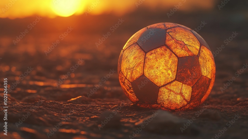 Fototapeta premium Soccer ball in a sunset scene, glowing with the light of the setting sun. -
