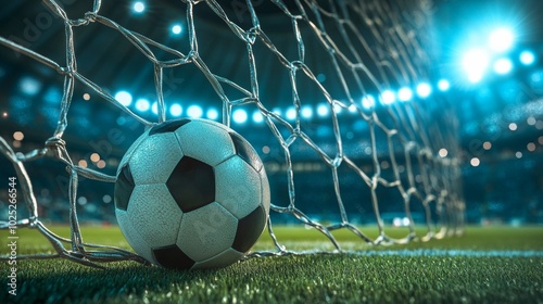Soccer ball in goal net with stadium background. 
