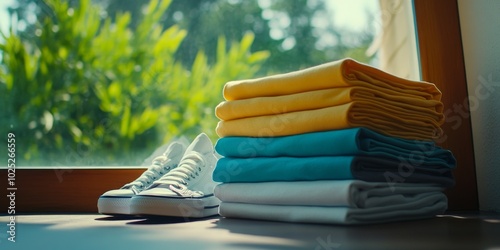 A Stack of Clean, Folded Clothes on the Top and Bottom, with Shoes Placed Beside Them, in Front of the Window Overlooking Green Plants