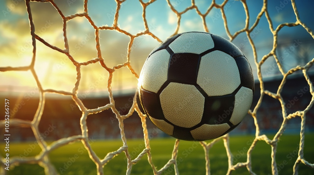 Fototapeta premium Soccer ball in goal net with stadium background. 
