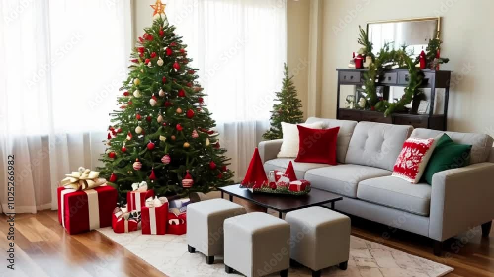 Decorated Christmas tree and gifts by sofa. Interior of living room with furniture. Christmas decoration, Christmas interior, Living Room At Christmas, created with generative ai Decorated Christmas tree and gifts by sofa. Interior of living room with furniture. Christmas decoration, Christmas interior, Living Room At Christmas, created with generative ai