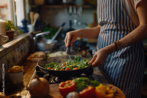 Person practicing mindfulness while cooking a meal