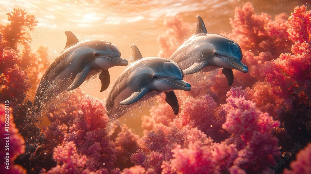 Obraz premium illustration featuring three cute dolphins alongside pink corals