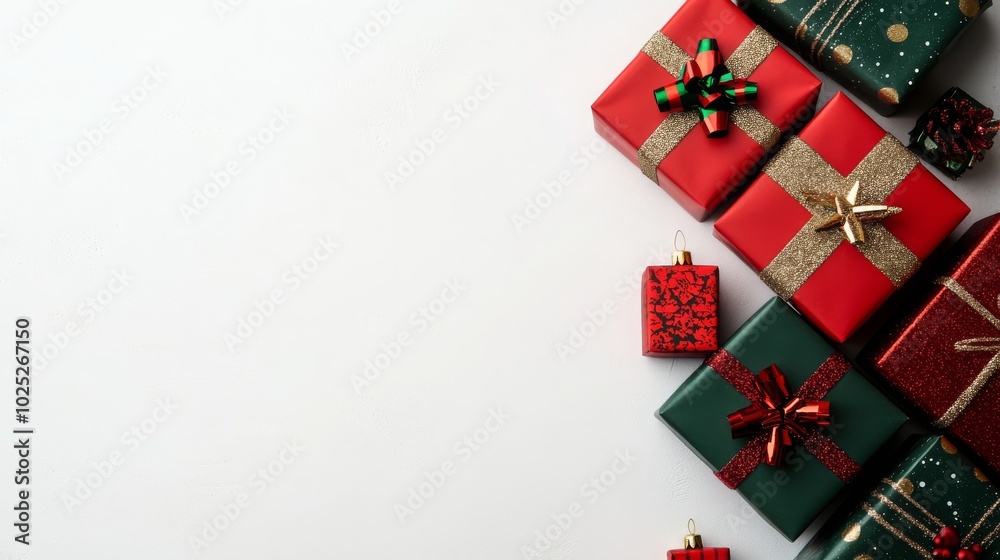 Stacked Christmas gift boxes in red and green on a white background Stacked Christmas gift boxes in red and green on a white background