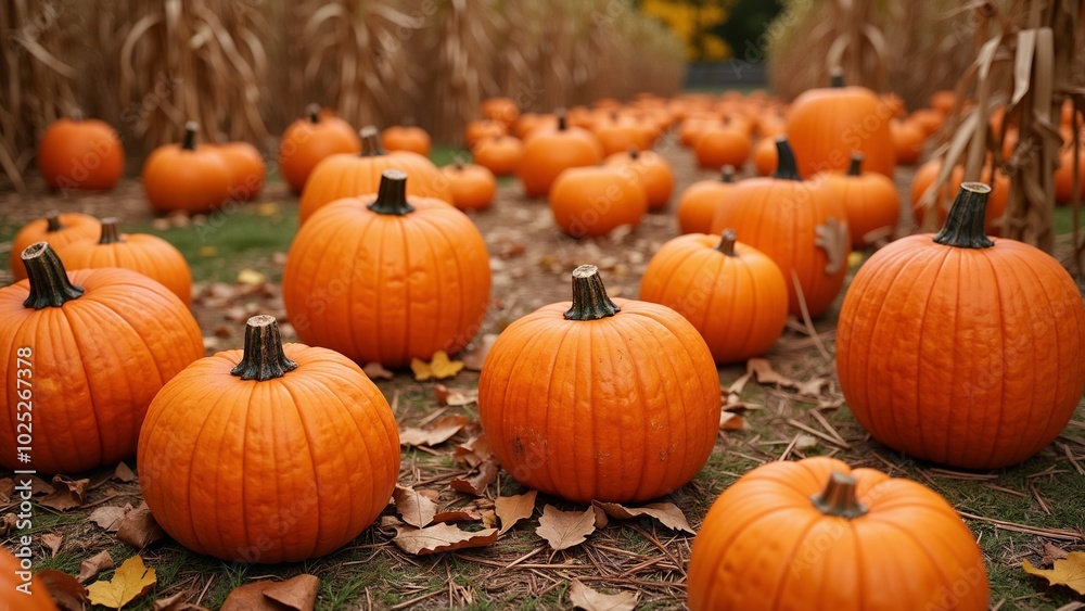 Field of ripe pumpkins in autumn with fallen leaves and corn stalks Field of ripe pumpkins in autumn with fallen leaves and corn stalks