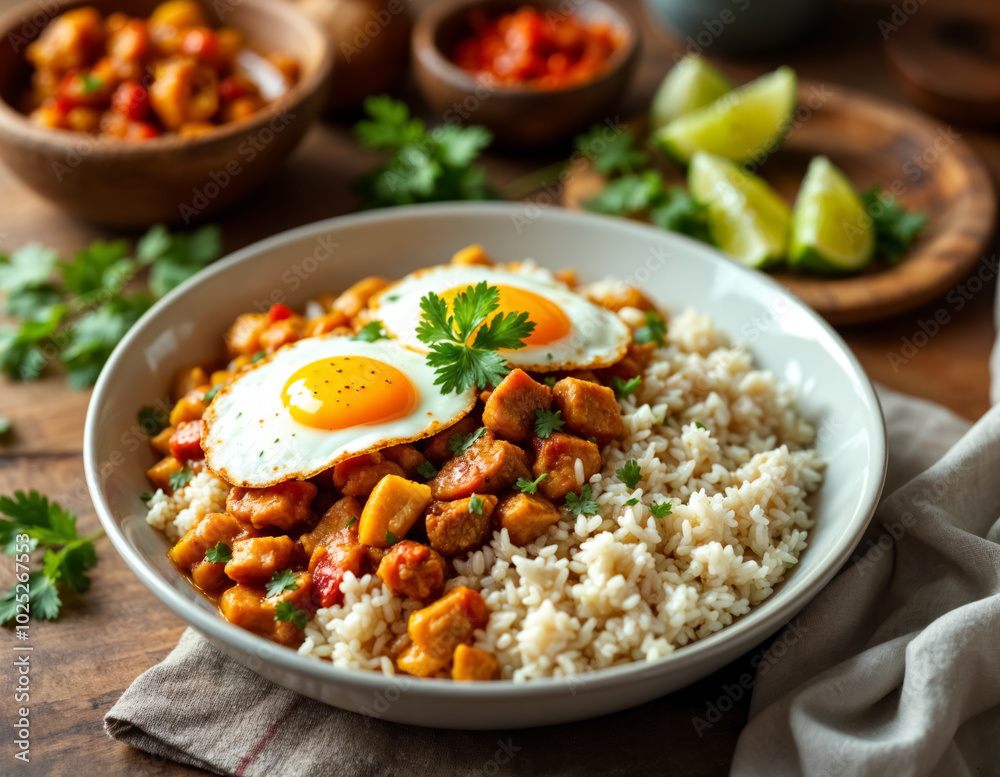 A serving of plain rice topped with fried eggs, next to a spicy pork curry with chunks of bell peppers, displayed on a wooden table A serving of plain rice topped with fried eggs, next to a spicy pork curry with chunks of bell peppers, displayed on a wooden table