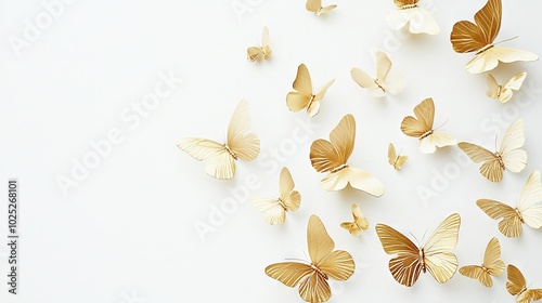   A white background with space for text in the bottom right corner displays a collection of gold butterflies