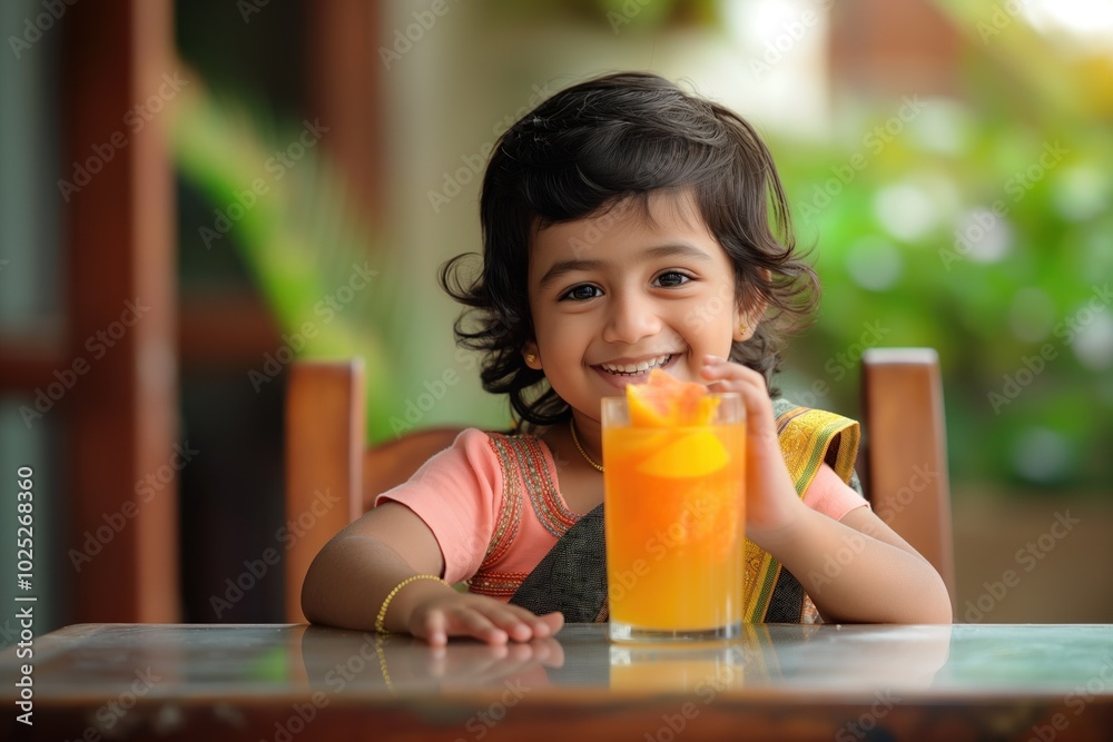 Young girl with dark hair sits at wooden table wearing pink dress holding glass of orange juice. Green plant, window backdrop create serene inviting atmosphere. Girl enjoys fresh fruit juice in