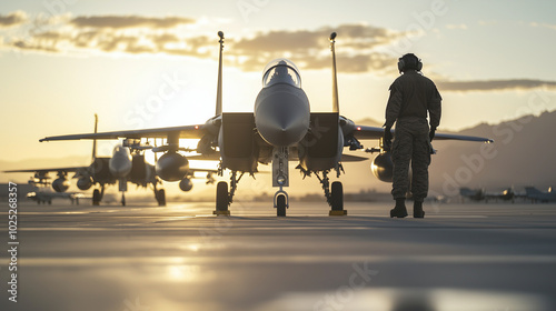 Air Force mechanics conducting maintenance on fighter jets in a peaceful setting photo