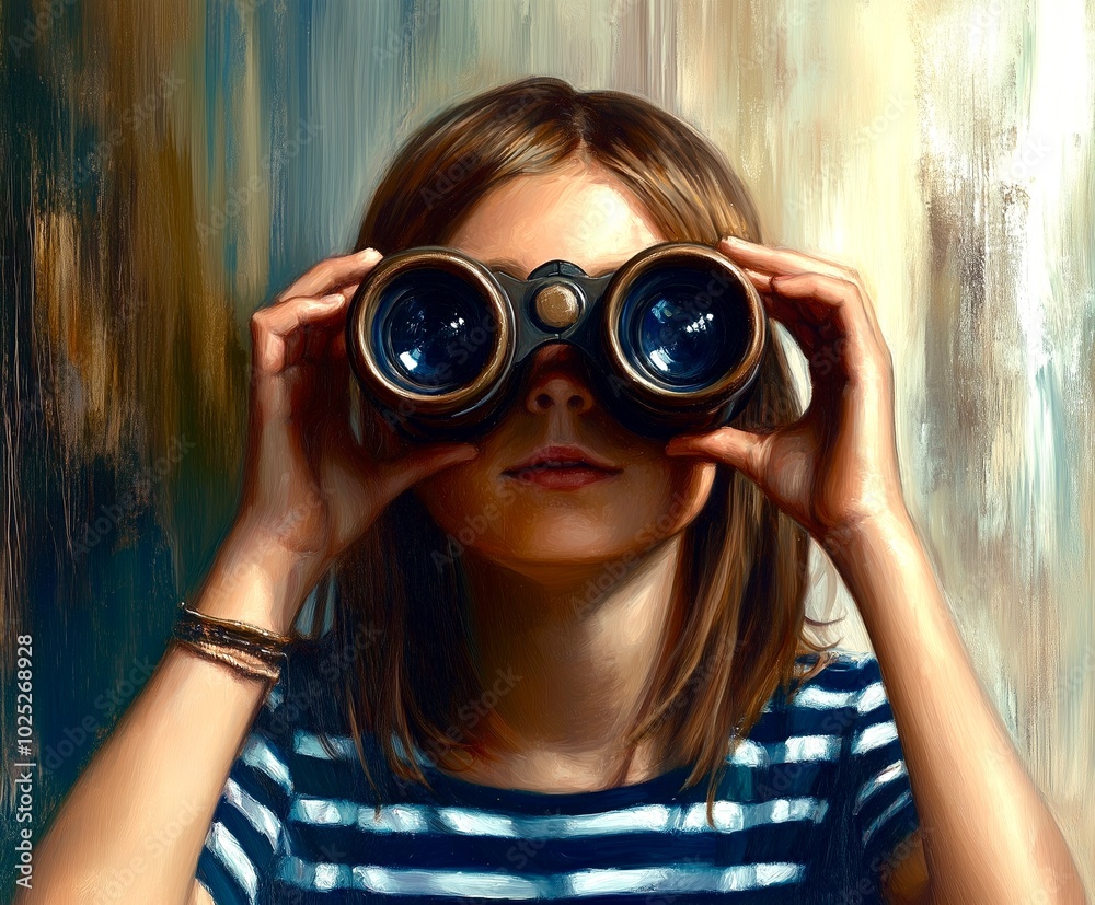 Front portrait of a kid looking through a binoculars 