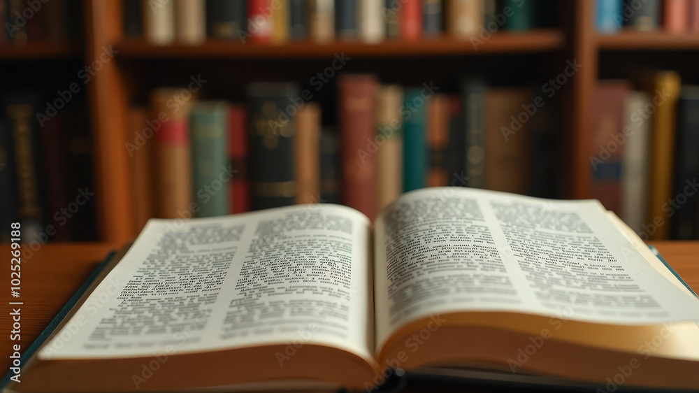 Obraz premium Blurred library bookcase filled with academic books, open book close-up with pages filled with highlighted text lying on table in foreground with warm lighting ambient and studious atmosphere.