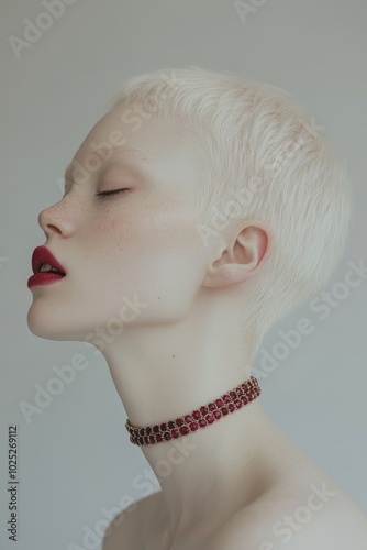 The model with light hair showcases a graceful pose, highlighting her elegant choker against a minimalist backdrop