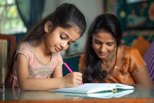 Young Asian girl studies with mother at home. Mother, daughter sit at table with notebooks, books. Woman in orange dress guides child in learning. Pink dress, white tablecloth, window with curtains.