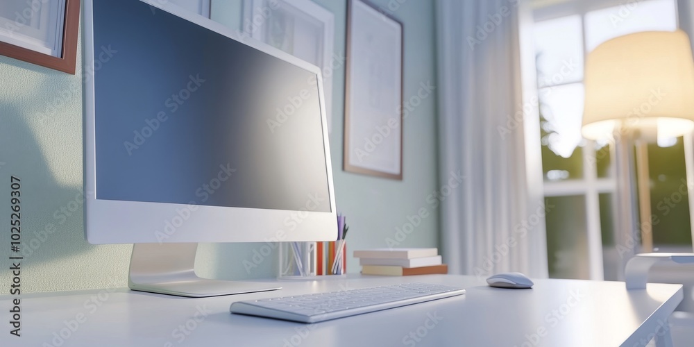 A Sleek, White Desk with an Ergonomic Chair and Minimalist Decor in the Background A Sleek, White Desk with an Ergonomic Chair and Minimalist Decor in the Background