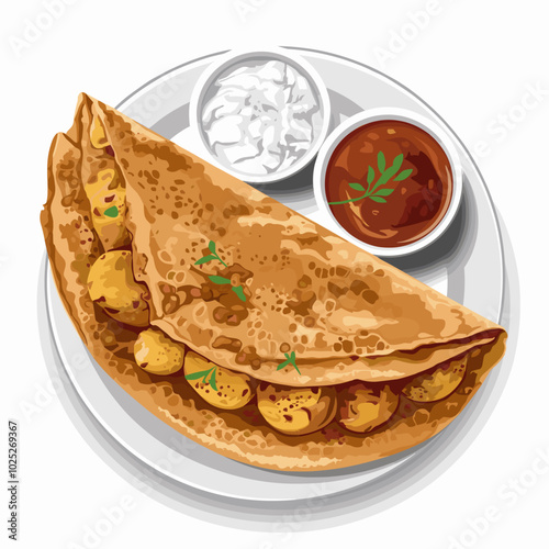Traditional Indian Masala Dosa with Chutneys - Vector Illustration