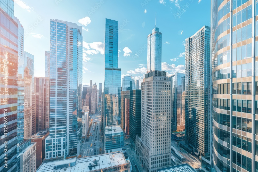A city skyline is reflected in the windows of a tall building, generative ai image A city skyline is reflected in the windows of a tall building, generative ai image