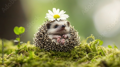  Hedgehog wearing flower sits in mossy area with daisy in hair