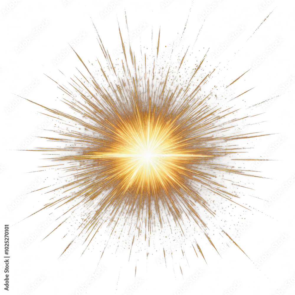 Fototapeta premium Bright golden flash of light on a black background, resembling an explosion or fireworks, with diverging rays and sparks, isolated, on a transparent background