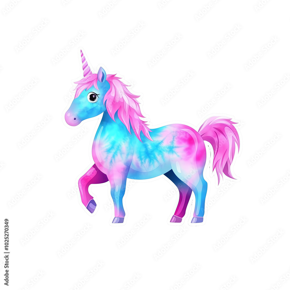 Cute Pastel Unicorn Sticker with Tie-Dye Pink and Blue Fur in Cartoon Style on Transparent Background Cute Pastel Unicorn Sticker with Tie-Dye Pink and Blue Fur in Cartoon Style on Transparent Background