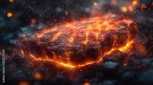 A high-definition image of a sizzling grilled steak surrounded by glowing embers and smoke, creating a vibrant atmosphere. photo