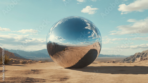 A large, shiny, metallic sphere sits in the desert